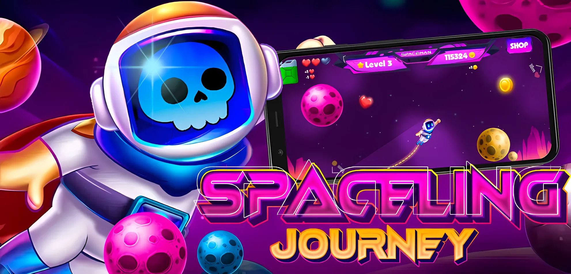 Key art for Spaceling Journey: an astronaut with a skull visor holding a phone with the game